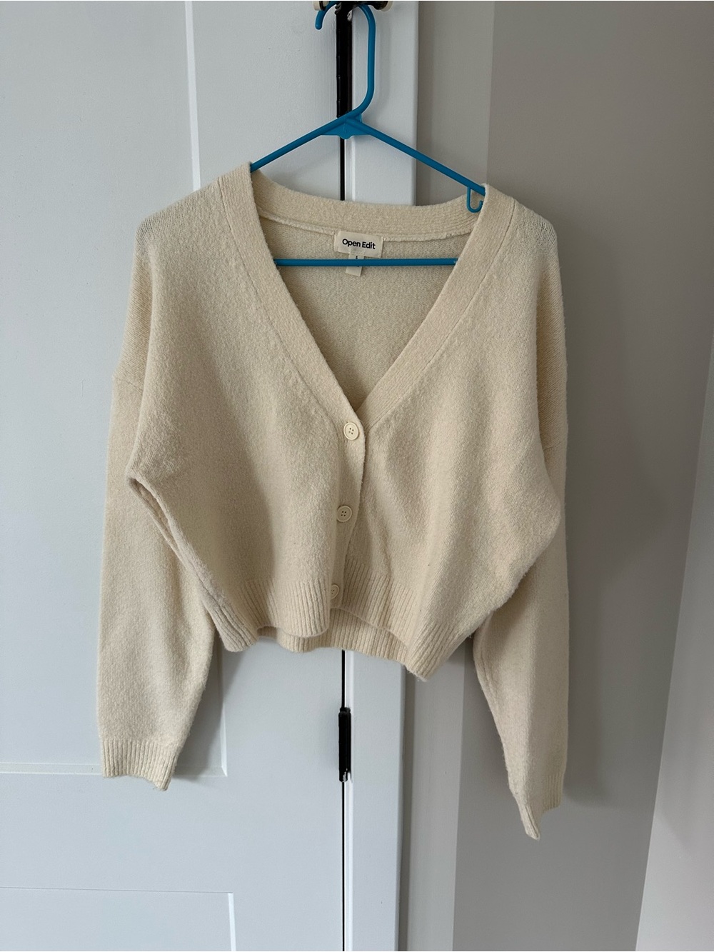 Open Edit Cream V-Neck Cropped Button Cardigan - Soft Knit